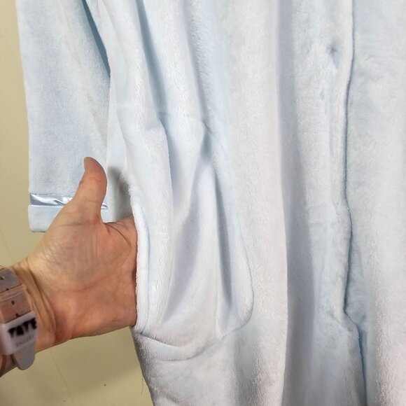 Miss Elaine Soft Blue Snap-Front Plush Robe Sz XL Satin Trim Pockets Grannycore - Picture 5 of 12